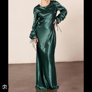 Veiled Collection Rahma Rouched Sleeve Satin Maxi Dress - BLUE - Size L